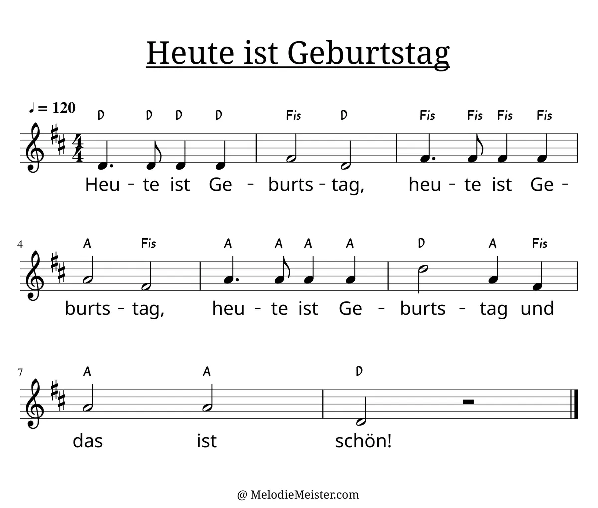 Notenblatt „Heute ist Geburtstag“. Einstimmige Melodie im Violinschlüssel, D-Dur, 4/4-Takt, mit der 1. Strophe des Liedtextes.