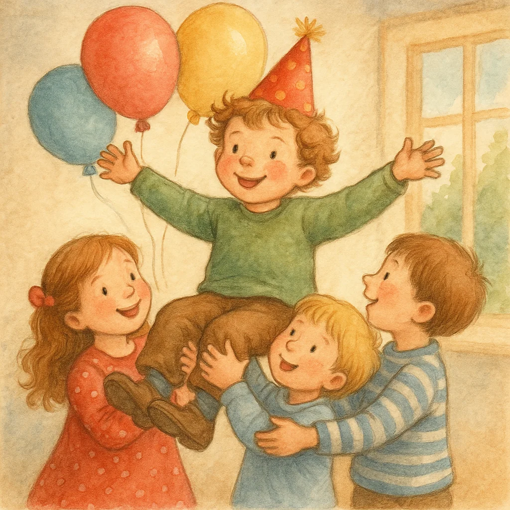 Drei Kinder heben lachend einen Jungen mit Partyhut in die Luft, während bunte Ballons im Hintergrund schweben. Durch das Fenster scheint helles Tageslicht in den Raum.