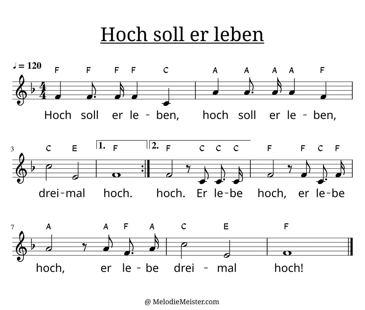 Notenblatt „Hoch soll er leben“. Einstimmige Melodie im Violinschlüssel, F-Dur, 4/4-Takt, mit der 1. Strophe des Liedtextes.