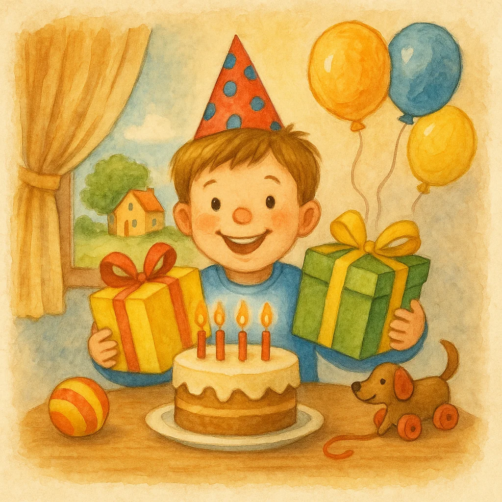Ein fröhlicher Junge mit Geburtstagsmütze sitzt an einem Tisch mit einer Torte, Geschenken und Ballons. Durch das Fenster scheint die Sonne, und draußen steht ein kleines Haus in grüner Landschaft.