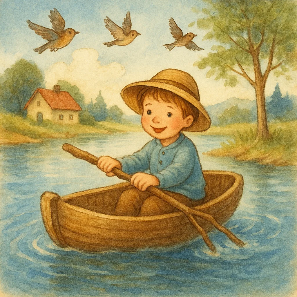 Ein Junge mit Strohhut fährt lachend in einem kleinen Holzboot über einen See. Drei Vögel fliegen über ihm, am Ufer steht ein Haus mit rotem Dach zwischen Bäumen.