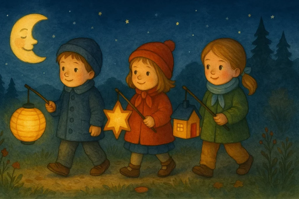 Drei Kinder mit bunten Laternen (Stern, Haus, Papierlampe) laufen durch eine nächtliche Landschaft unter einem freundlichen Mond