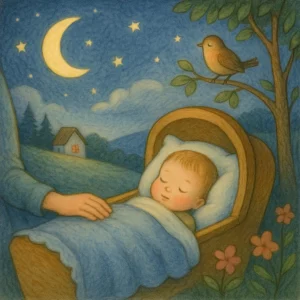 Ein Baby schläft friedlich in einer hölzernen Wiege unter dem Sternenhimmel. Der Mond leuchtet hell, und ein kleiner Vogel sitzt singend auf einem Ast über dem Kind. Eine schützende Hand liegt sanft auf der Decke. Im Hintergrund ist ein Häuschen auf einer Wiese zu sehen – die Szene wirkt warm, ruhig und liebevoll.