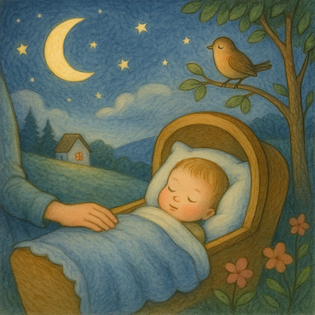 Ein Baby schläft friedlich in einer hölzernen Wiege unter dem Sternenhimmel. Der Mond leuchtet hell, und ein kleiner Vogel sitzt singend auf einem Ast über dem Kind. Eine schützende Hand liegt sanft auf der Decke. Im Hintergrund ist ein Häuschen auf einer Wiese zu sehen – die Szene wirkt warm, ruhig und liebevoll.