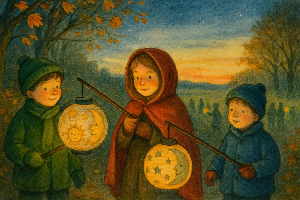 Drei Kinder mit liebevoll gestalteten Laternen (Sonne, Mond, Sterne) stehen in einem herbstlichen Wald bei Sonnenuntergang, während im Hintergrund weitere Familien mit Laternen zu sehen sind