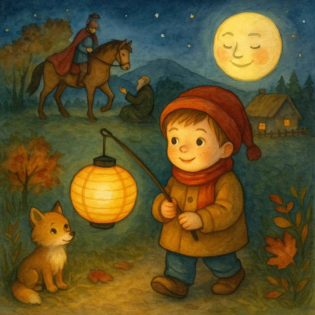 Kind mit roter Mütze und Laterne läuft durch den Wald, begleitet von einem Fuchs; im Hintergrund reitet Sankt Martin auf seinem Pferd zu einem Bettler; stimmungsvoller Vollmond am Himmel