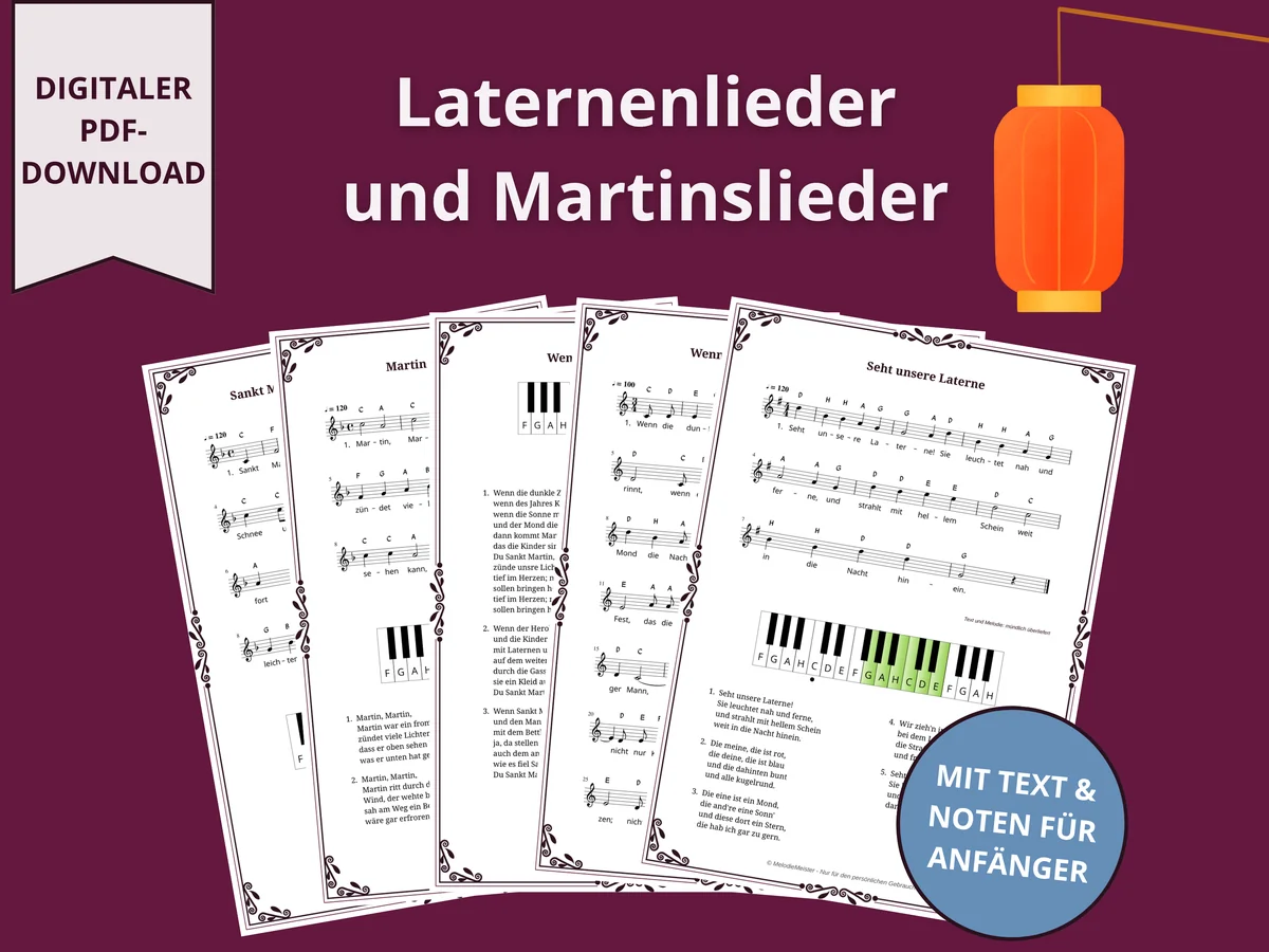 Vorschau von fünf Liedblättern mit Noten und Texten für Laternen- und Martinslieder, auf weinrotem Hintergrund mit Symbolen für digitalen PDF-Download und Anfängertauglichkeit