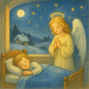 Ein Kind schläft friedlich in einem Holzbett unter einer blauen Decke. Ein Engel mit goldenem Haar und Heiligenschein betet schützend an seiner Seite. Draußen leuchtet der Mond über einer verschneiten Landschaft mit einem kleinen, warm erleuchteten Haus.