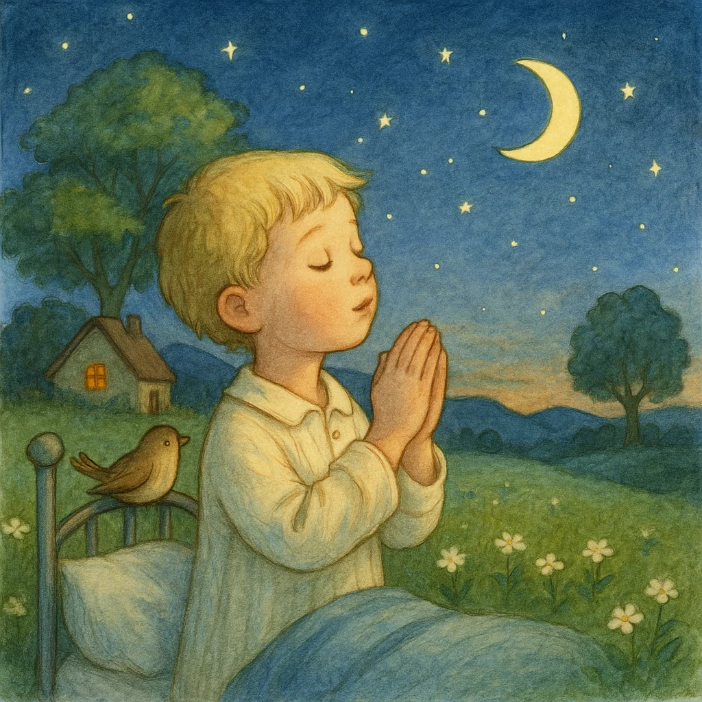 Ein blondes Kind im Nachthemd steht betend neben seinem Bett unter einem klaren Nachthimmel. Der Mond und funkelnde Sterne leuchten über der stillen Landschaft. Im Hintergrund steht ein kleines Haus mit warmem Licht im Fenster, und auf dem Bettrand sitzt ein kleiner Vogel. Die Szene wirkt friedlich und behütet.