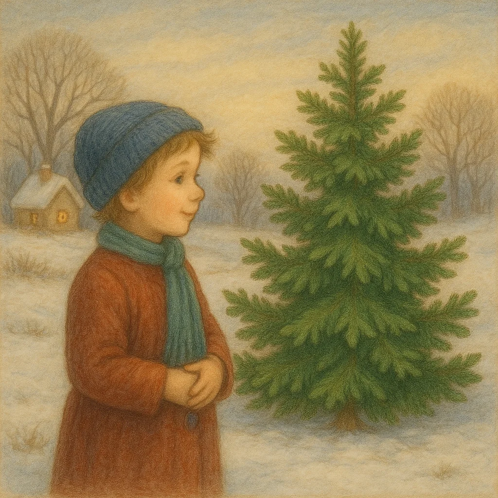 Ein Kind im roten Mantel und blauer Mütze steht im Schnee und blickt freudig auf einen grünen Tannenbaum. Im Hintergrund ist eine kleine Hütte mit warm leuchtenden Fenstern zu sehen, sanfter Winterhimmel in Gelb und Blau.