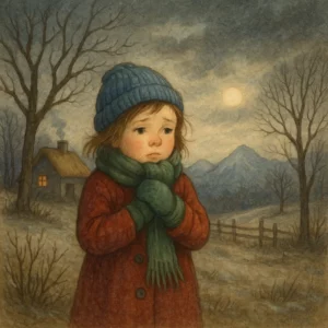 Ein Kind in rotem Mantel und grüner Schal steht frierend auf einem winterlichen Feld, im Hintergrund eine kleine Hütte mit warmem Licht, kahle Bäume und schneebedeckte Berge unter grauem Himmel.