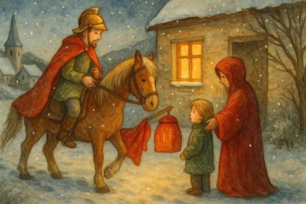 Sankt Martin reitet auf einem Pferd durch ein verschneites Dorf und begegnet einem Kind mit Laterne und einer Frau; warme Lichter im Hintergrund