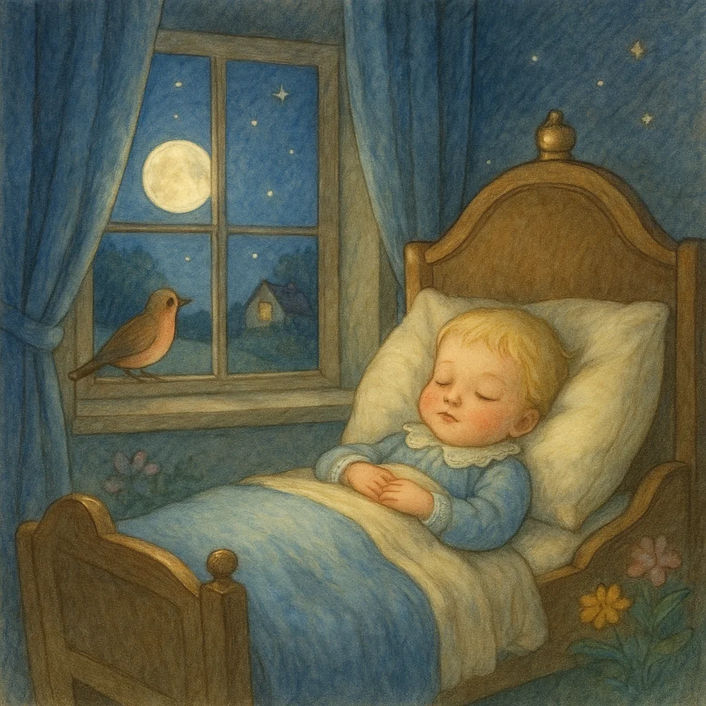 Ein kleiner Prinz schläft friedlich in einem Holzbett mit blauer Decke. Durch das Fenster scheint der helle Vollmond auf sein Gesicht, während ein Vogel auf dem Fenstersims wacht. Draußen ist ein kleines Häuschen zu sehen. Die Szene wirkt ruhig, zärtlich und märchenhaft – gemalt in weichen Aquarellfarben.