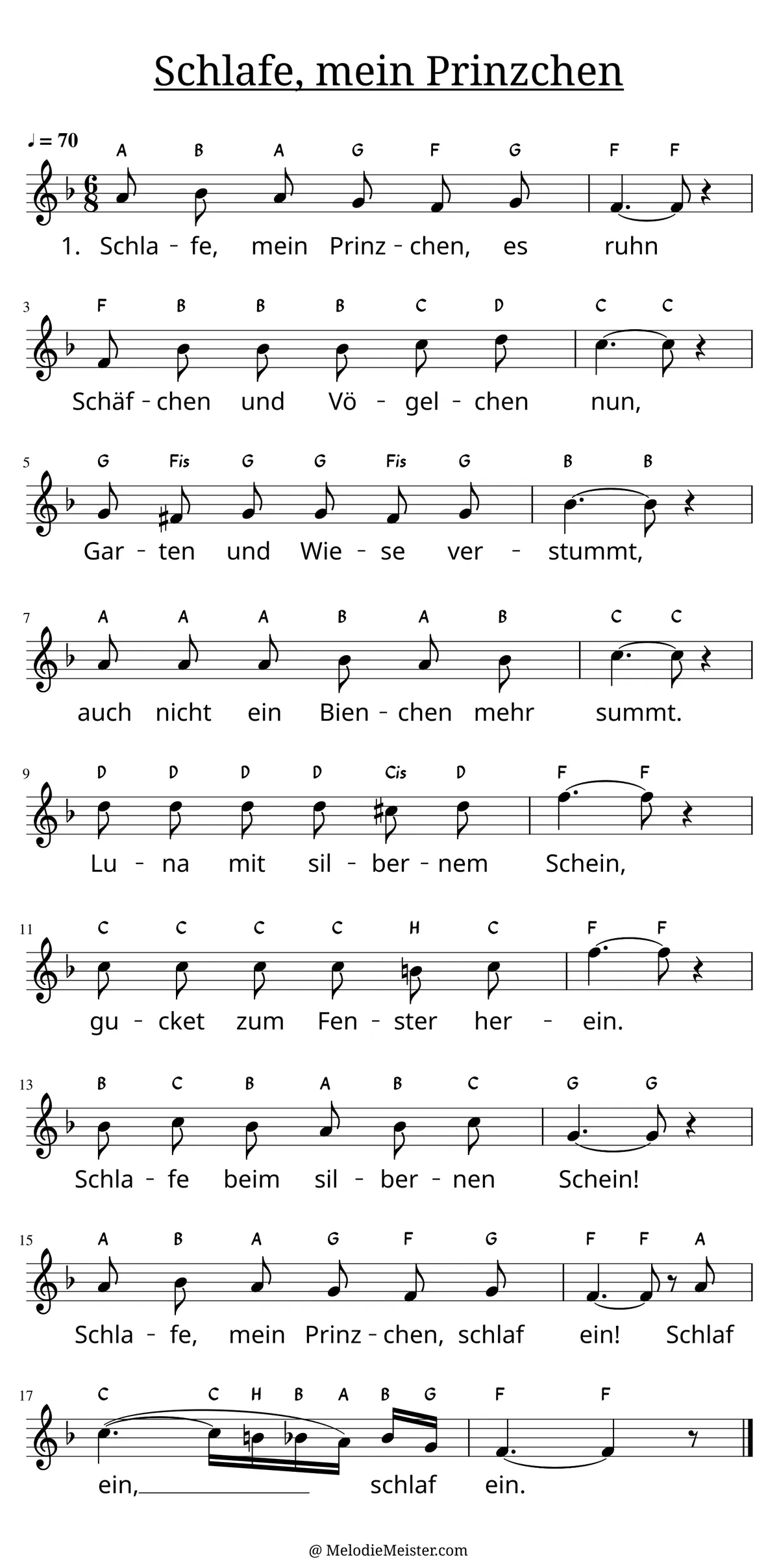 Notenblatt „Schlafe, mein Prinzchen, schlaf ein“. Einstimmige Melodie im Violinschlüssel, F-Dur, 6/8-Takt, mit der 1. Strophe des Liedtextes.