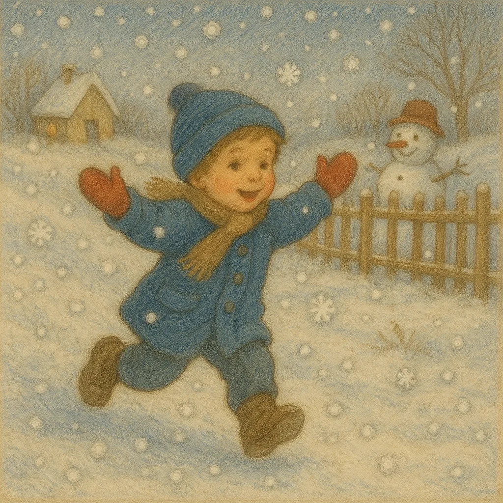 Ein fröhliches Kind läuft lachend durch den Schnee, während Schneeflocken vom Himmel tanzen. Im Hintergrund steht ein Schneemann hinter einem Holzzaun, eine kleine Hütte leuchtet warm im Winterabend.