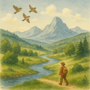 Ein Wanderer mit Hut und Rucksack geht auf einem Pfad entlang eines Flusses durch grüne Täler. Über ihm fliegen Lerchen, im Hintergrund ragen majestätische Berge unter einem blauen Himmel mit weißen Wolken empor.