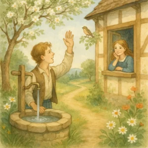 Ein junger Mann steht an einem alten Brunnen unter einem blühenden Baum und winkt einem Mädchen, das lächelnd am Fenster eines Fachwerkhauses sitzt. Im Hintergrund führt ein Weg durch eine sanfte Frühlingslandschaft.