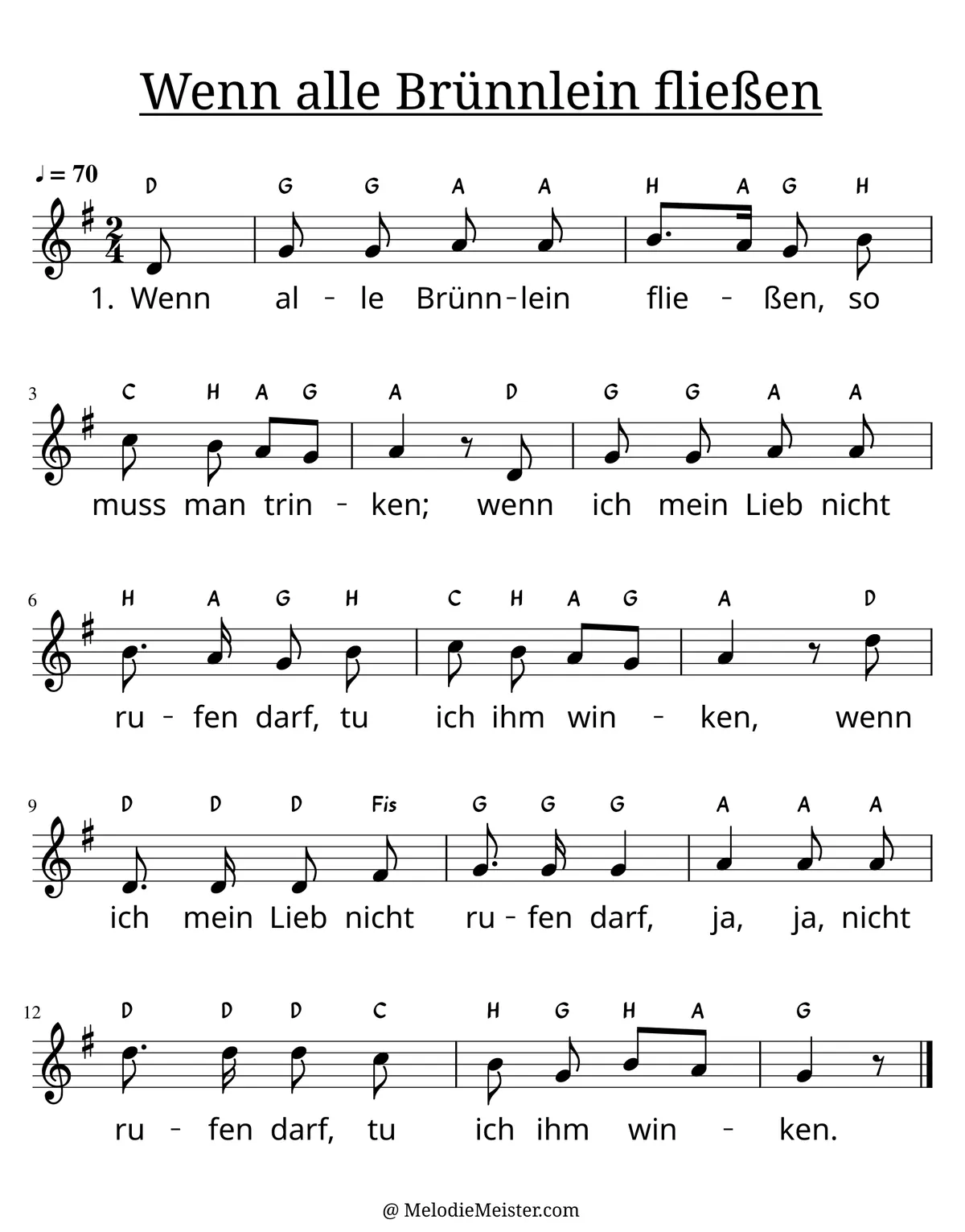 Notenblatt „Wenn alle Brünnlein fließen“. Einstimmige Melodie im Violinschlüssel, G-Dur, 2/4-Takt, mit der 1. Strophe des Liedtextes.