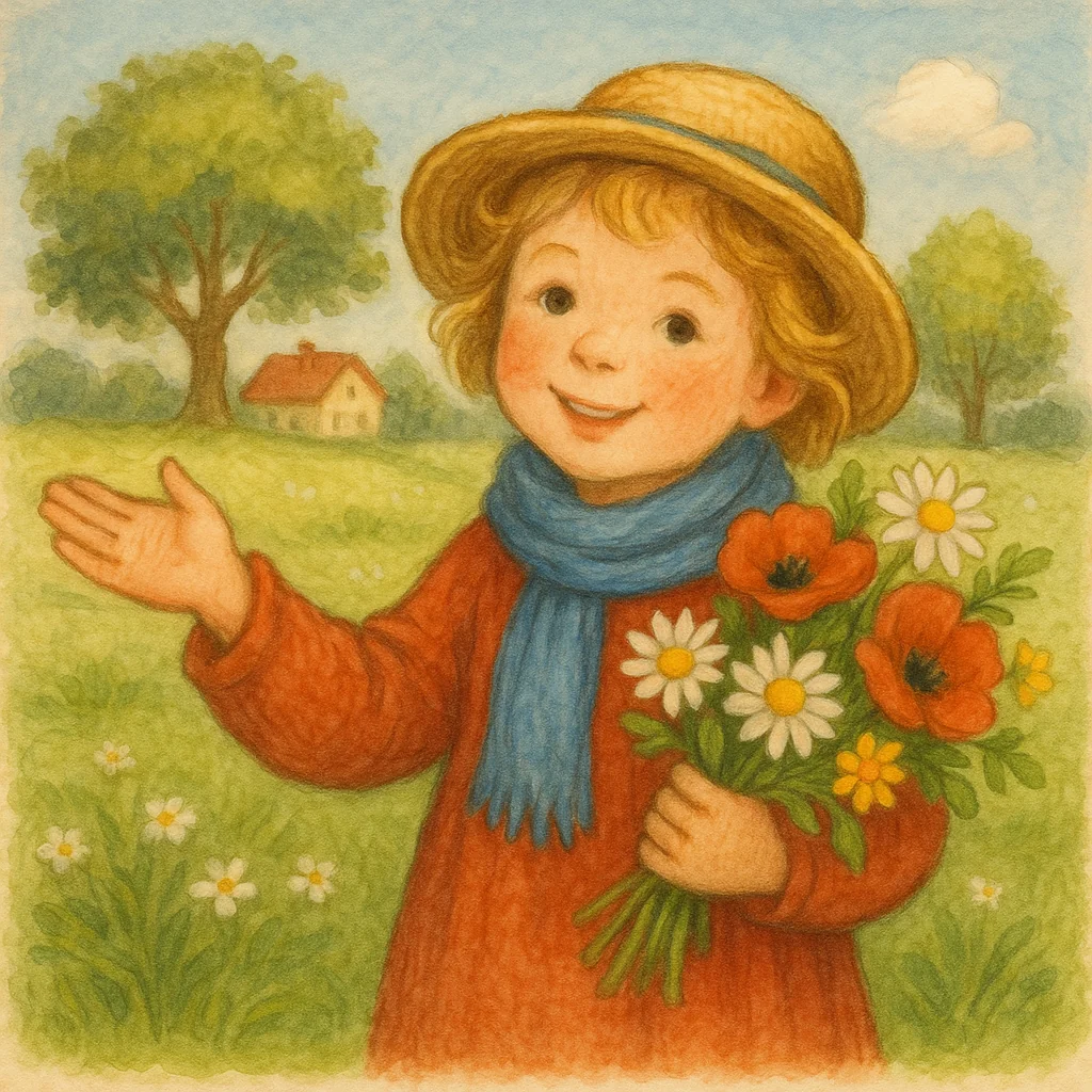 Ein fröhliches Kind mit Strohhut und rotem Kleid steht auf einer blühenden Wiese, hält einen Strauß bunter Blumen in der Hand und lächelt freundlich. Im Hintergrund sind grüne Hügel, ein Baum und ein kleines Haus zu sehen.