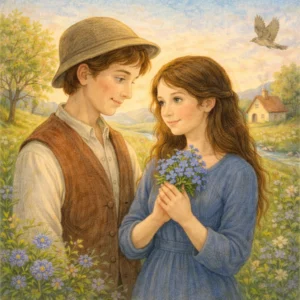 Verliebtes Paar auf einer Blumenwiese: Die junge Frau hält ein Sträußchen Vergissmeinnicht, der junge Mann schaut sie zärtlich an – Kinderbuch-Illustration.