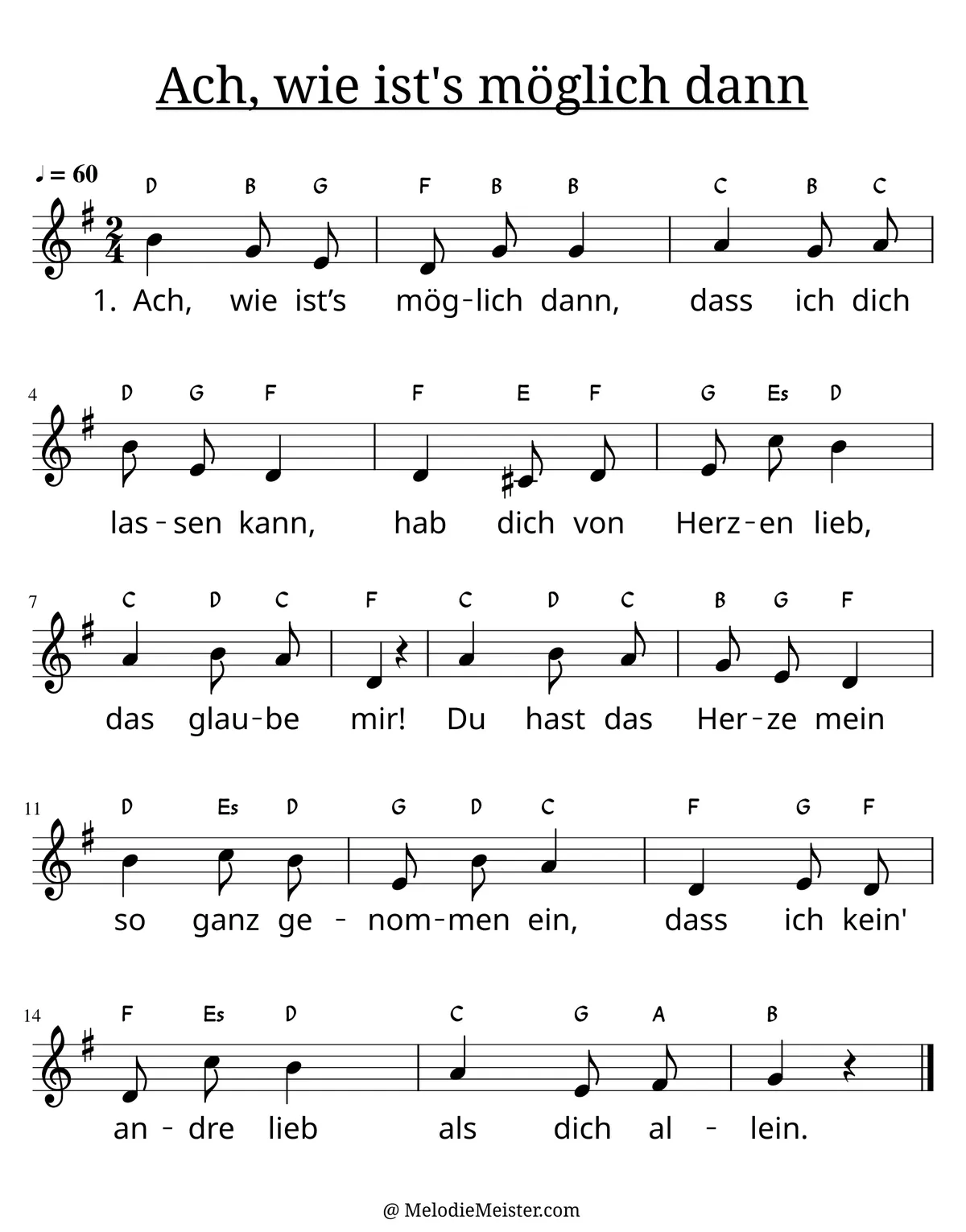 Notenblatt „Ach, wie ist‘s möglich dann“. Einstimmige Melodie im Violinschlüssel, G-Dur, 2/4-Takt, mit der 1. Strophe des Liedtextes.