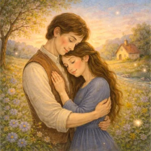Junges Paar umarmt sich im warmen Abendlicht auf einer Blumenwiese, im Hintergrund ein kleines Haus und ein Bach – romantische Kinderbuch-Illustration.