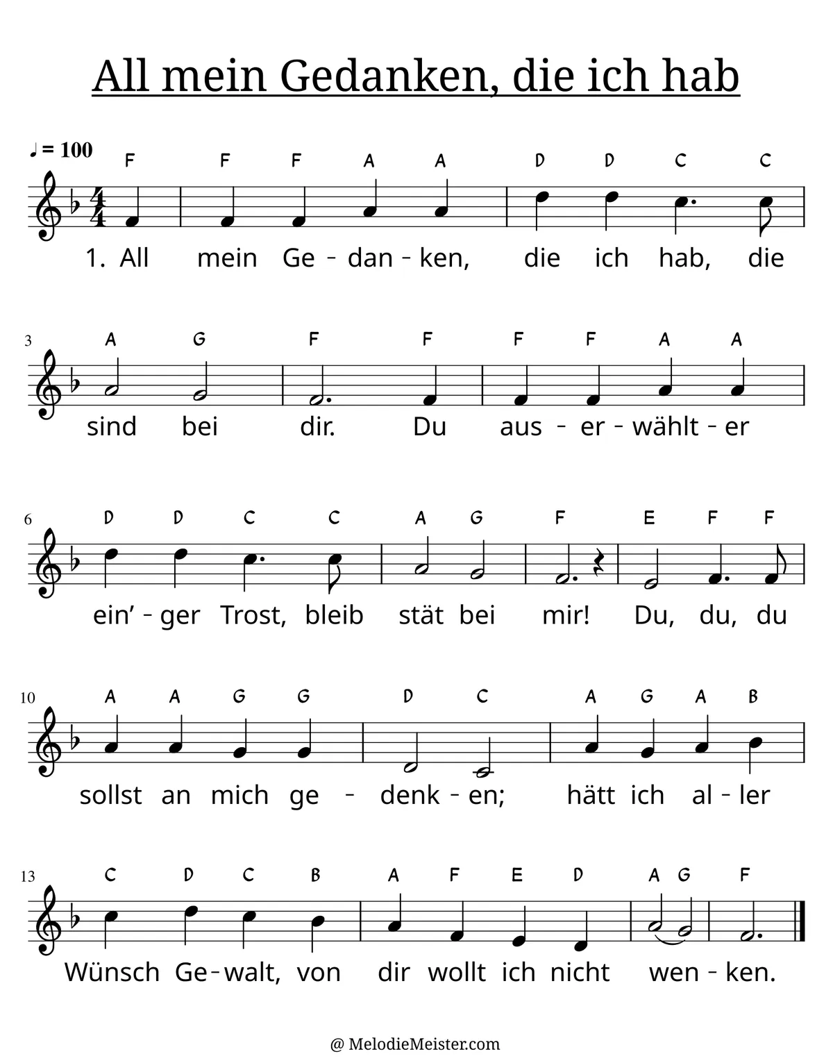 Notenblatt „All mein Gedanken, die ich hab“. Einstimmige Melodie im Violinschlüssel, F-Dur, 4/4-Takt, mit der 1. Strophe des Liedtextes.