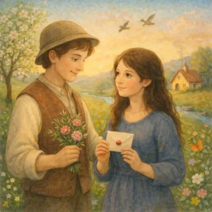 Junger Mann überreicht einer jungen Frau auf einer Blumenwiese ein Sträußchen, sie hält einen versiegelten Liebesbrief – romantische Kinderbuch-Illustration.
