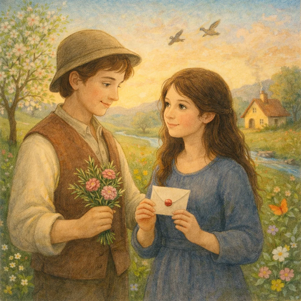 Junger Mann überreicht einer jungen Frau auf einer Blumenwiese ein Sträußchen, sie hält einen versiegelten Liebesbrief – romantische Kinderbuch-Illustration.