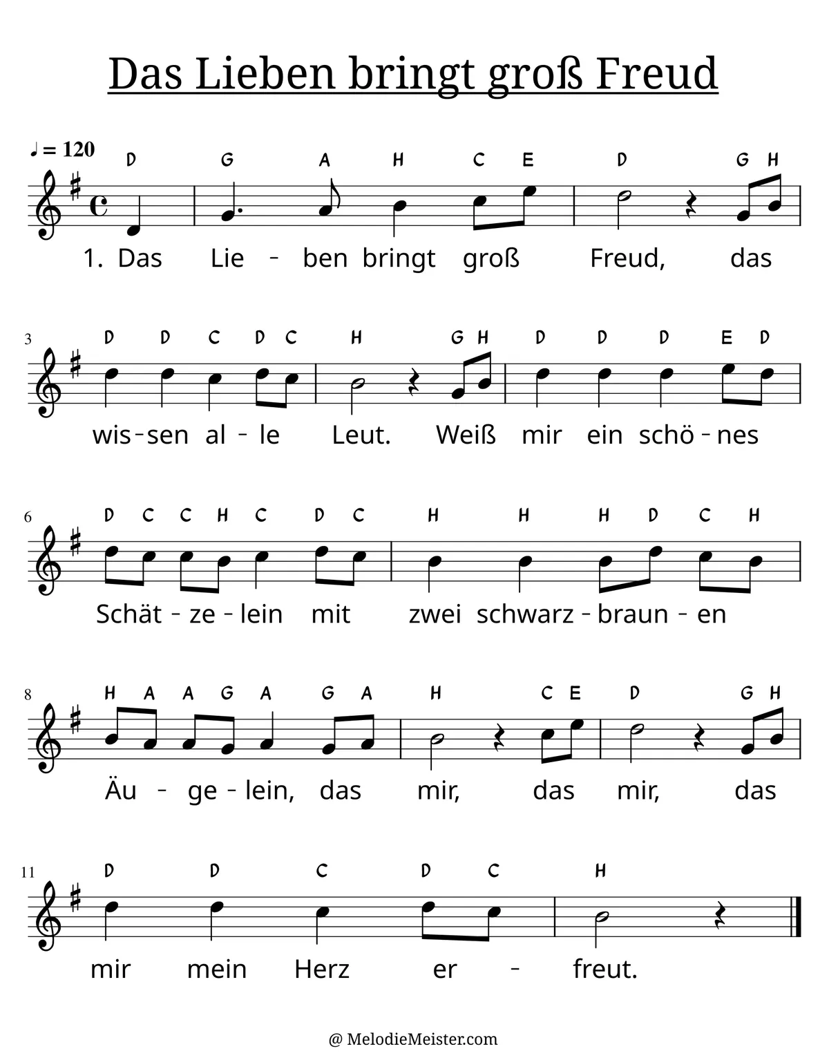 Notenblatt „Das Lieben bringt groß Freud“. Einstimmige Melodie im Violinschlüssel, G-Dur, 4/4-Takt, mit der 1. Strophe des Liedtextes.