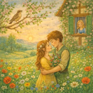 Illustration zum Frühlingslied „Der Winter ist vergangen“: Ein junges Liebespaar steht in einer bunten Blumenwiese, er hält einen Strauß Frühlingsblumen, im Hintergrund blühende Bäume, singende Vögel und ein Fachwerkhaus mit geöffnetem Fenster.