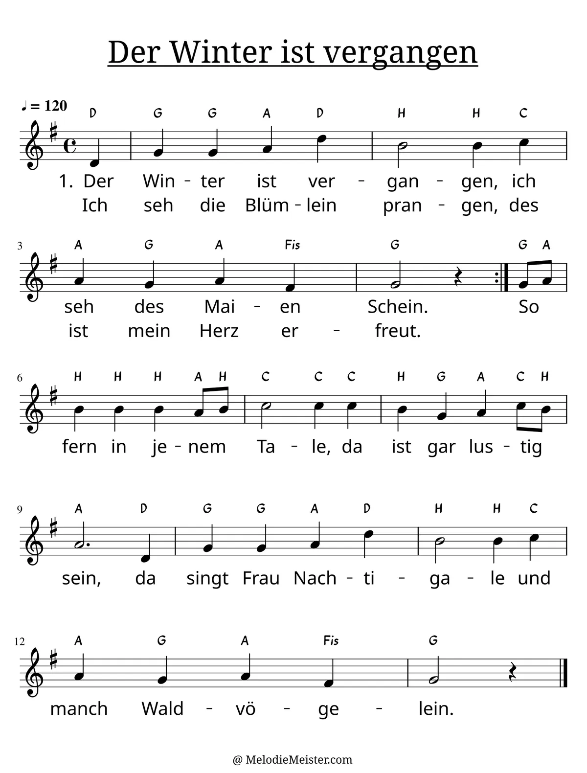 Notenblatt „Der Winter ist vergangen“. Einstimmige Melodie im Violinschlüssel, G-Dur, 4/4-Takt, mit der 1. Strophe des Liedtextes.