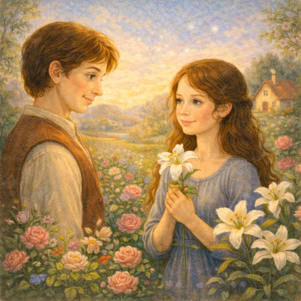 Junger Mann blickt liebevoll eine junge Frau an, die eine weiße Lilie hält; ringsum blühen Rosen und Lilien im Abendlicht – klassische Kinderbuch-Illustration.