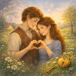 Junges Paar hält sich innig und formt mit den Händen ein Herz auf einer Blumenwiese; im Hintergrund ein Regenbogen und ein kleines Haus – klassische Kinderbuch-Illustration.