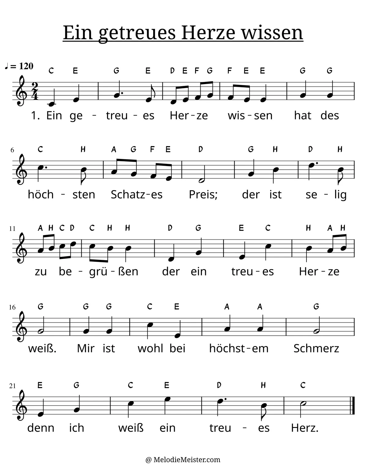 Notenblatt „Ein getreues Herze wissen“. Einstimmige Melodie im Violinschlüssel, C-Dur, 2/4-Takt, mit der 1. Strophe des Liedtextes.