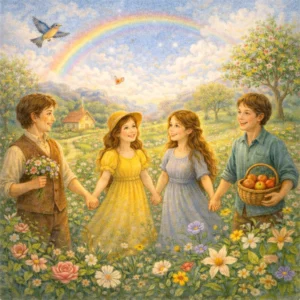 Freunde halten sich an den Händen auf einer blühenden Wiese; einer trägt einen Blumenstrauß, ein anderer einen Korb mit Früchten, darüber leuchtet ein Regenbogen – klassische Kinderbuch-Illustration.