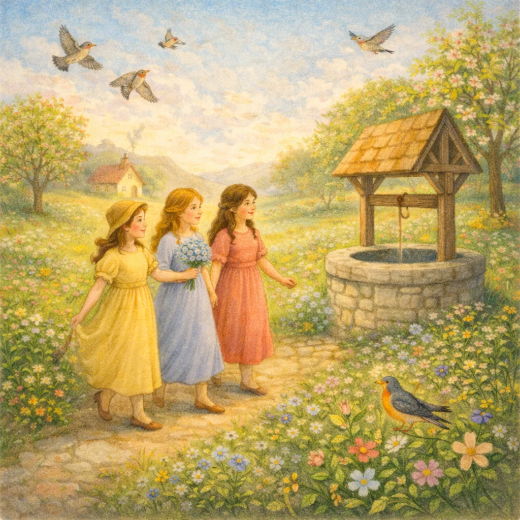 Drei Mädchen spazieren an einem blühenden Maitag zu einem alten Dorfbrunnen; Vögel fliegen am Himmel, überall Blumen – klassische Kinderbuch-Illustration.