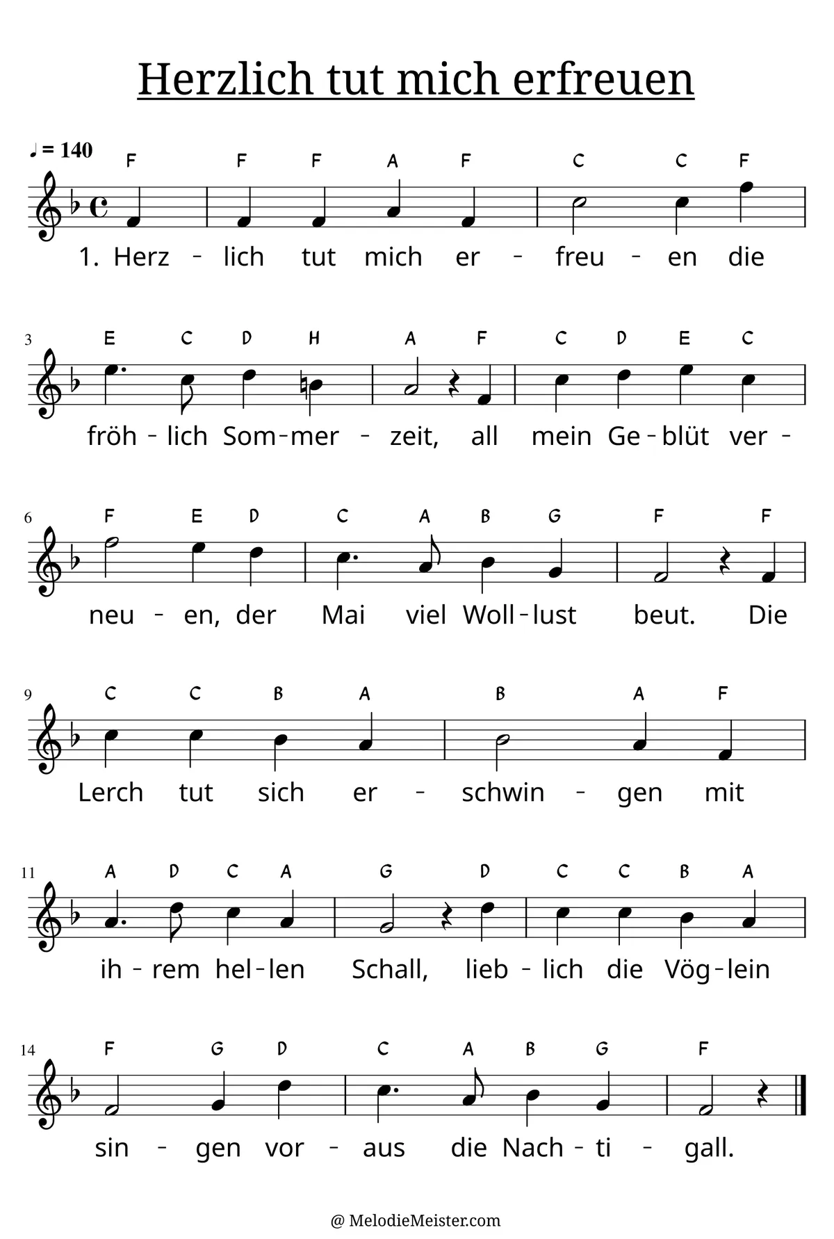 Notenblatt „Herzlich tut mich erfreuen“. Einstimmige Melodie im Violinschlüssel, F-Dur, 4/4-Takt, mit der 1. Strophe des Liedtextes.