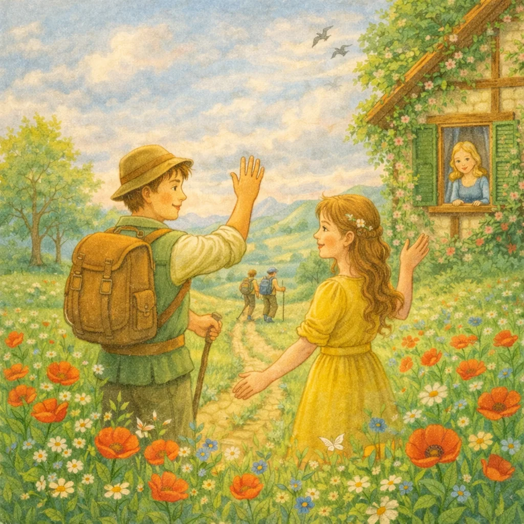 Illustration zum Volkslied „Jetzt kommen die lustigen Tage“: Ein junger Wanderer mit Rucksack winkt einem Mädchen in gelbem Kleid in einer Sommerwiese mit roten Mohnblumen, im Hintergrund ein Fachwerkhaus, weitere Wanderer und sanfte Hügel.