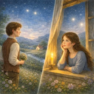 Getrenntes Liebespaar unter funkelndem Nachthimmel: Der junge Mann steht auf einer Blumenwiese und blickt in die Ferne, die junge Frau schaut am Fenster bei Kerzenlicht – Kinderbuch-Illustration.