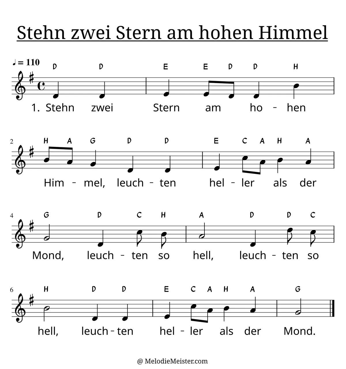 Notenblatt „Stehn zwei Stern am hohen Himmel“. Einstimmige Melodie im Violinschlüssel, G-Dur, 4/4-Takt, mit der 1. Strophe des Liedtextes.
