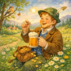 Fröhlicher Mann sitzt auf einer Blumenwiese mit Bierkrug, Geldbeutel und Schnupftabak, umgeben von Natur und Sonnenschein.