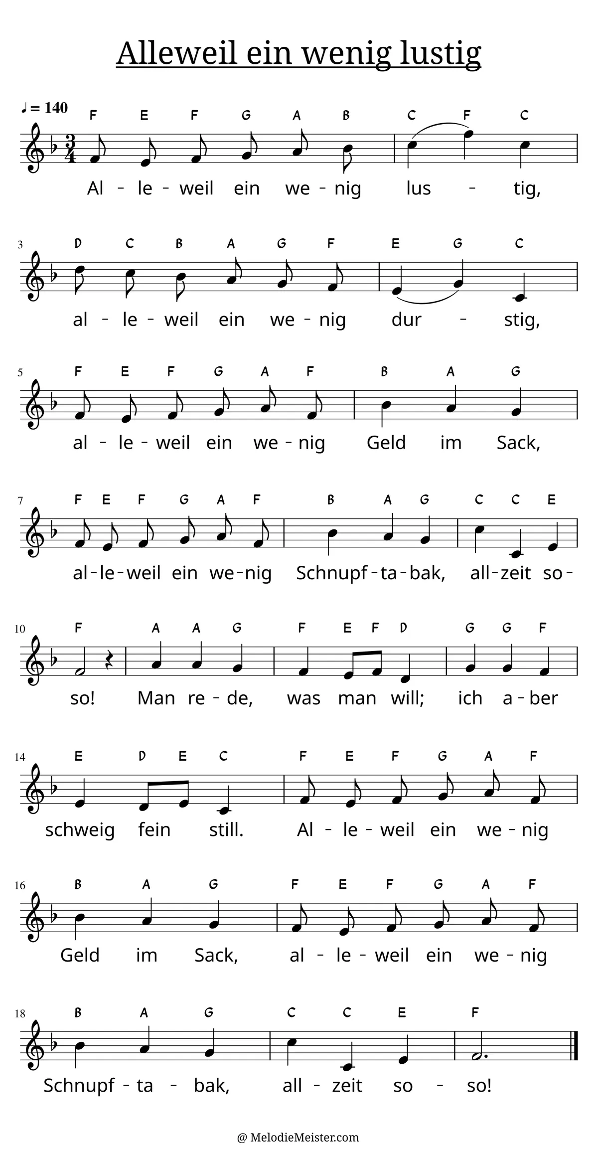 Notenblatt „Alleweil ein wenig lustig“. Einstimmige Melodie im Violinschlüssel, F-Dur, 3/4-Takt, mit der 1. Strophe des Liedtextes.