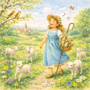 Junge Schäferin mit Lämmern zieht lachend über eine blühende Frühlingswiese, zwei Jungen bieten ihr Geschenke.