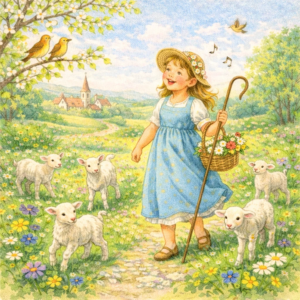 Junge Schäferin mit Lämmern zieht lachend über eine blühende Frühlingswiese, zwei Jungen bieten ihr Geschenke.