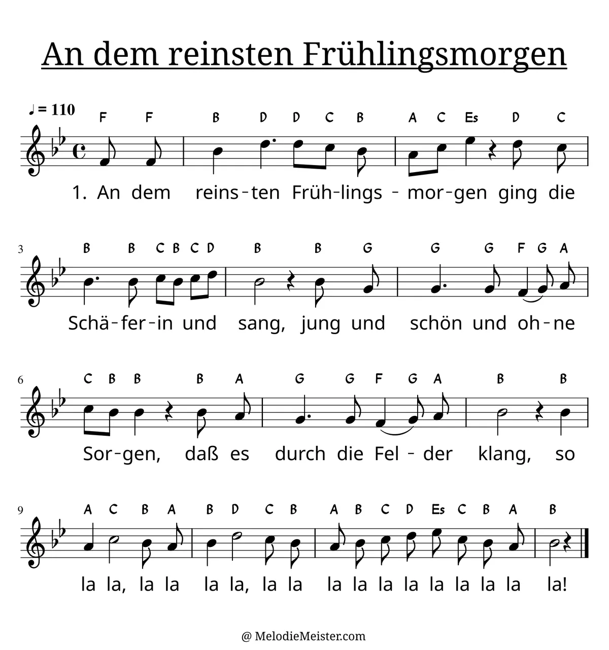 Notenblatt „An dem reinsten Frühlingsmorgen“. Einstimmige Melodie im Violinschlüssel, B-Dur, 4/4-Takt, mit der 1. Strophe des Liedtextes.