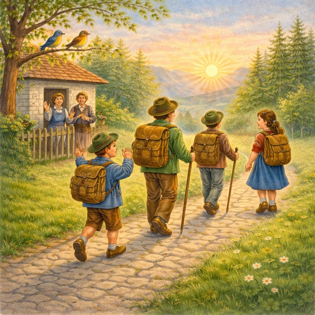 Eine kleine Wandergruppe mit fröhlichen Kindern und Erwachsenen zieht frühmorgens über einen blühenden Wiesenweg, einer winkt am Gartenzaun den Eltern zum Abschied, Tautropfen glänzen, Vögel singen im Morgensonnenschein.
