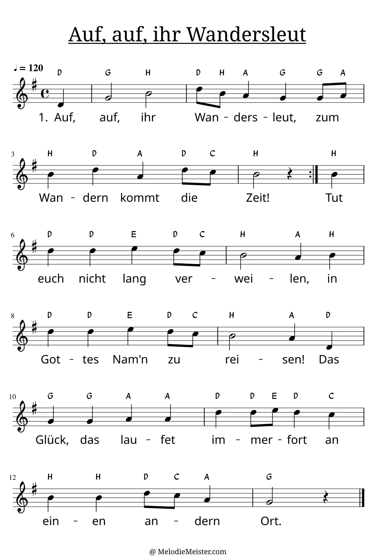 Notenblatt „Auf, auf, ihr Wandersleut“. Einstimmige Melodie im Violinschlüssel, G-Dur, 4/4-Takt, mit der 1. Strophe des Liedtextes.
