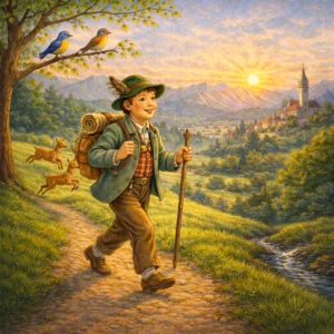 Ein fröhlicher junger Wandersmann mit Rucksack und Wanderstock wandert bei Sonnenaufgang einen blühenden Weg entlang, umgeben von Blumen, Vögeln und Rehen, mit Blick auf ein Dorf und Berge im Hintergrund.