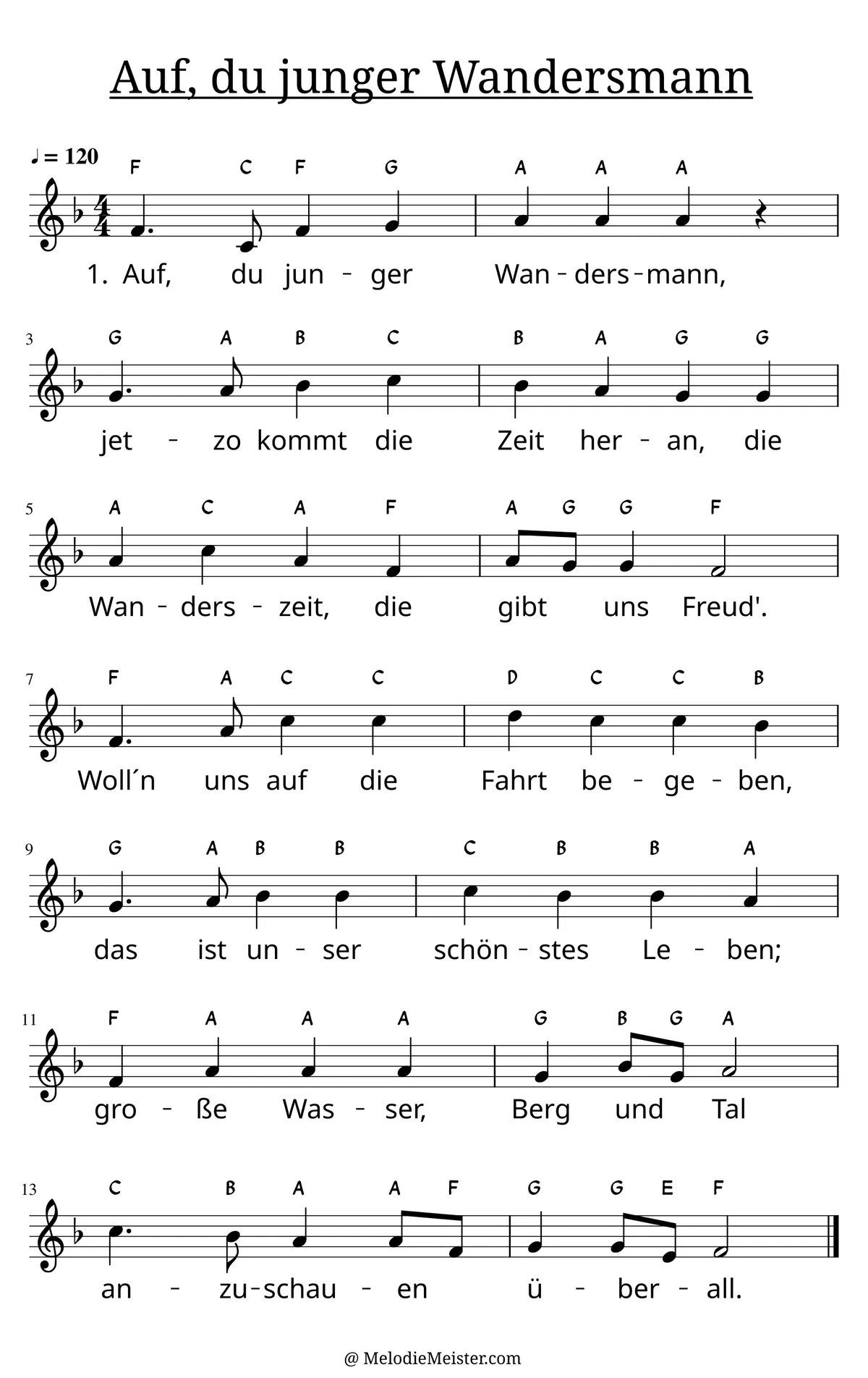 Notenblatt „Auf, du junger Wandersmann“. Einstimmige Melodie im Violinschlüssel, F-Dur, 4/4-Takt, mit der 1. Strophe des Liedtextes.